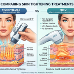 Morpheus8 RF microneedling treatment being applied to a woman's lower face and jaw area at a UK aesthetics clinic, showing the 24-pin handpiece in use for skin tightening and contouring