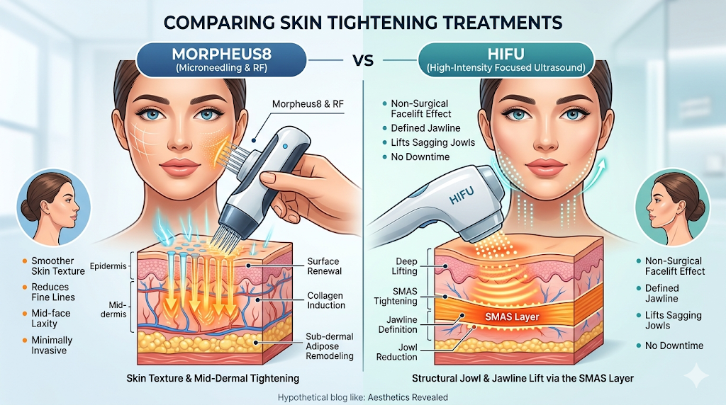 Morpheus8 RF microneedling treatment being applied to a woman's lower face and jaw area at a UK aesthetics clinic, showing the 24-pin handpiece in use for skin tightening and contouring