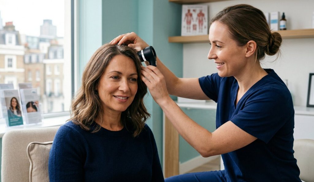 A woman in her 40s having a professional scalp examination with a dermatoscope at a UK hair loss clinic, showing the assessment process for female pattern hair loss and thinning diagnosis.