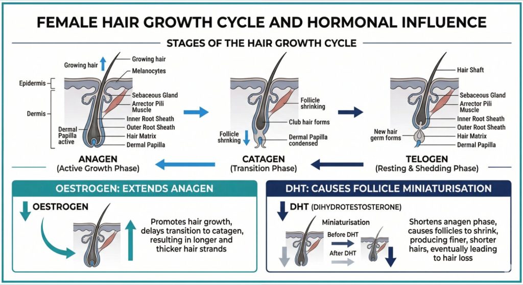 Diagram of the female hair growth cycle showing anagen, catagen and telogen phases, with the effect of oestrogen and DHT on follicle health, illustrating why perimenopausal hormonal changes cause hair thinning in women in their 30s and 40s
