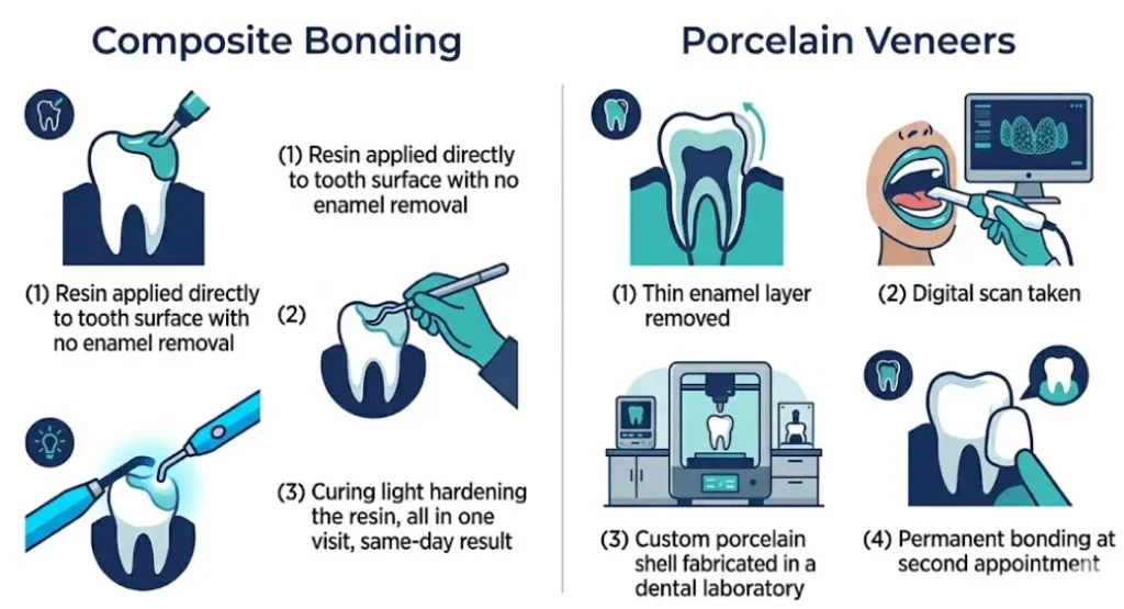Step-by-step process comparison infographic: composite bonding in one chairside visit with no enamel removal versus porcelain veneers requiring enamel preparation and a dental laboratory fabrication process across two appointments in a UK dental clinic