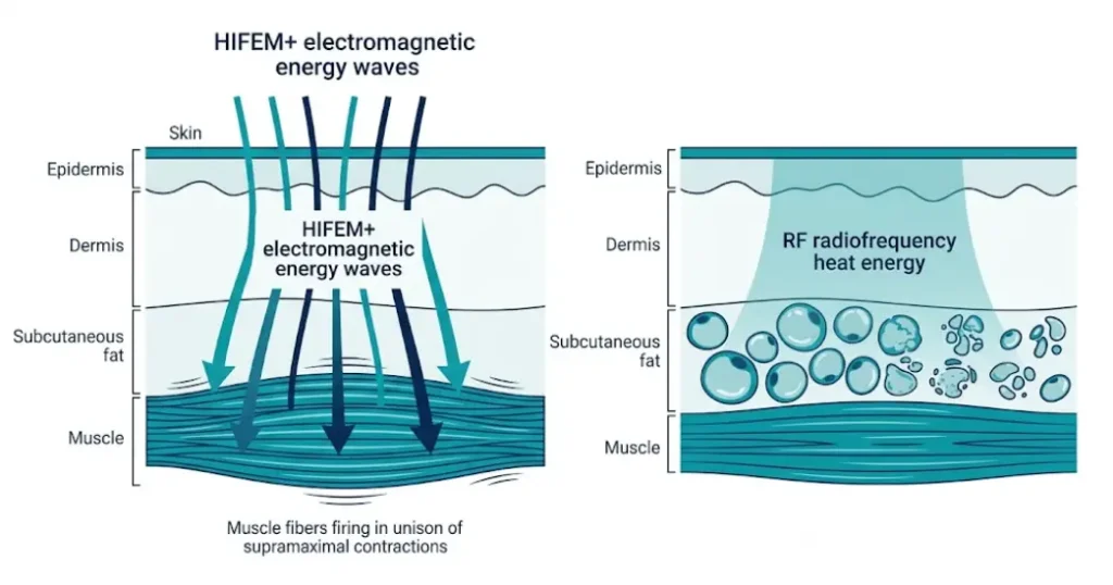 Diagram showing how Emsculpt Neo combines HIFEM+ electromagnetic energy to trigger supramaximal muscle contractions and RF radiofrequency heat to destroy subcutaneous fat cells simultaneously in a single 30-minute non-surgical body contouring session