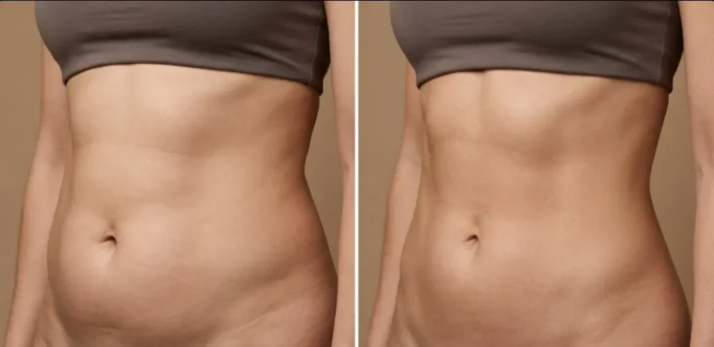 Before and after Emsculpt Neo body contouring results on a woman's abdomen in the UK, showing reduced subcutaneous fat and improved muscle definition and tone after a 4-session course of HIFEM and RF treatment